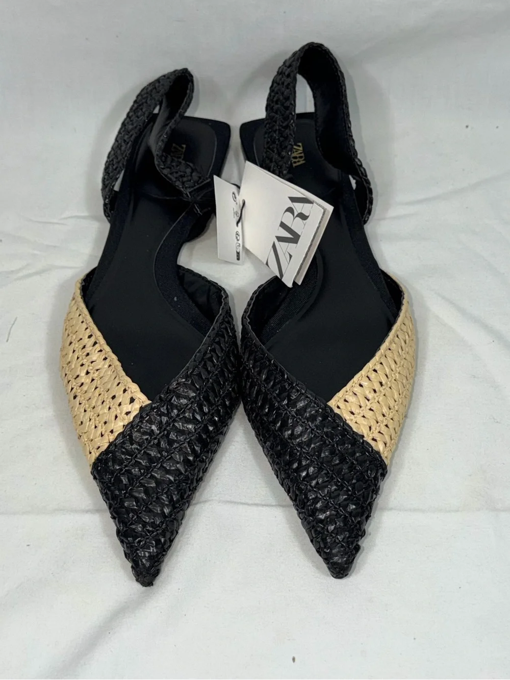 Zara Woven Raffia Slingback Flats NWT Black Beige Pointed Toe Flat Sandal 39 8 - Picture 2 of 7